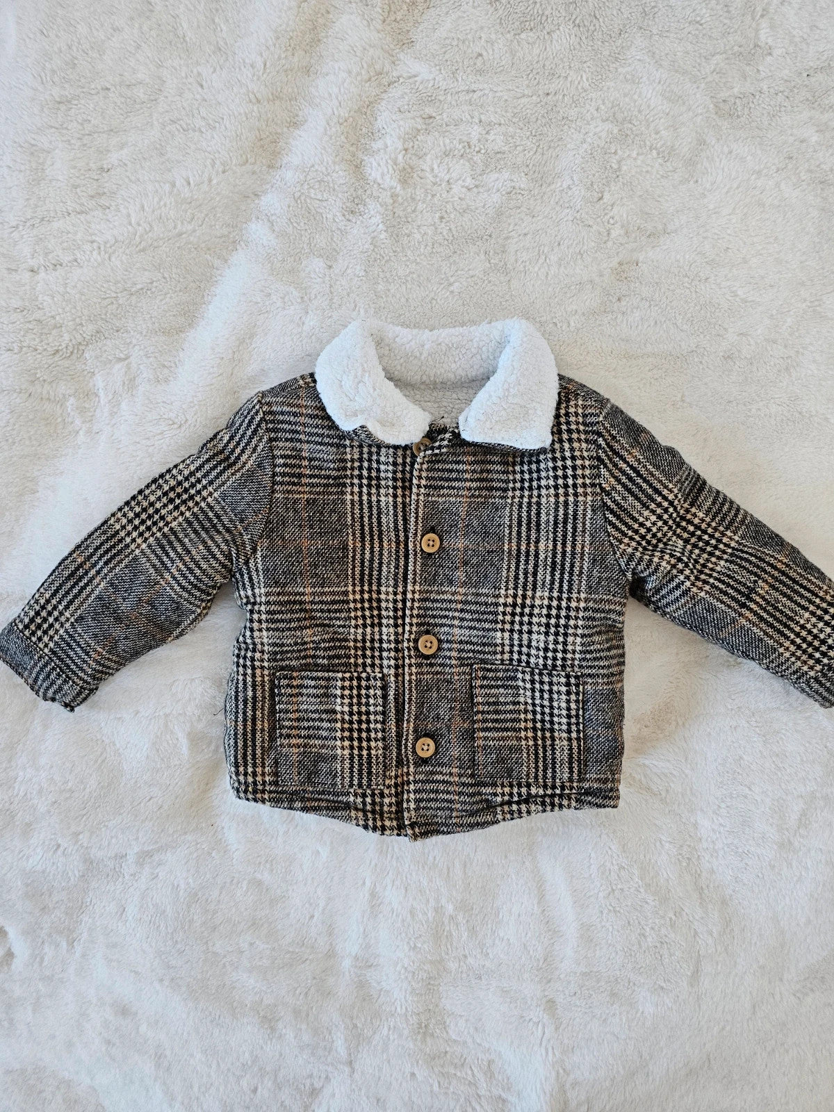 TU baby boys brown checked duffle coat cotton fleece material in excellent condition.