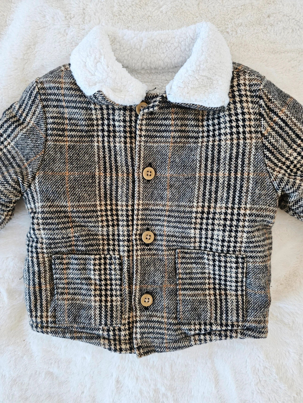 TU baby boys brown checked duffle coat cotton fleece material in excellent condition.