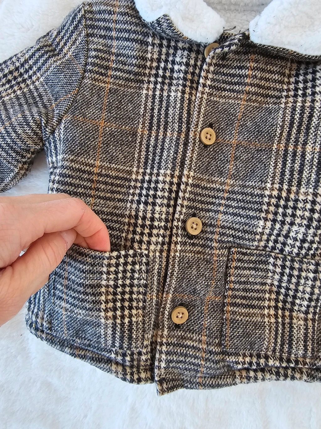 TU baby boys brown checked duffle coat cotton fleece material in excellent condition.