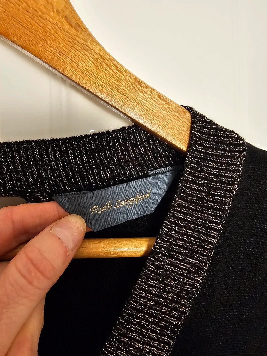 Ruth Langsford black V-neck jumper with sparkling trim, made from viscose, size S/8.