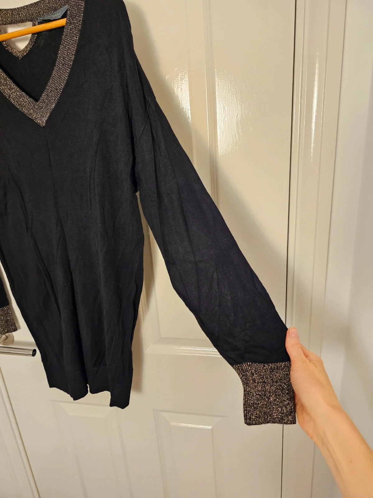Ruth Langsford black V-neck jumper with sparkling trim, made from viscose, size S/8.